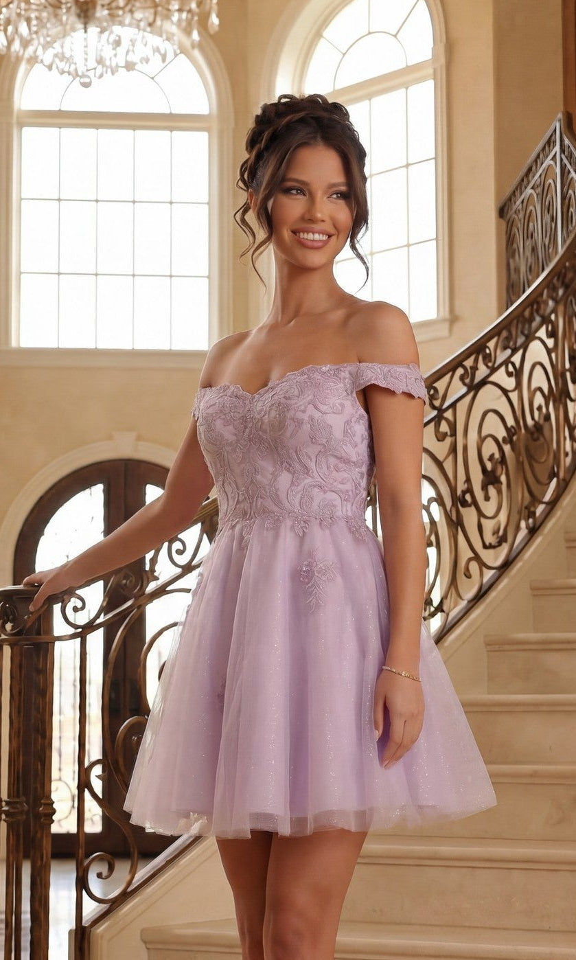A woman in a lilac Beaded-Corset Short Babydoll Hoco Dress C314 poses on a grand staircase with arched windows and ornate railings in a bright interior.